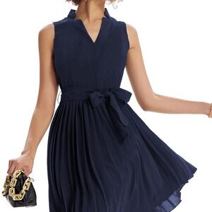 GRACE KARIN Women Elegant Pleated Swing Dress Solid Sleeveless V-Neck Work Dress